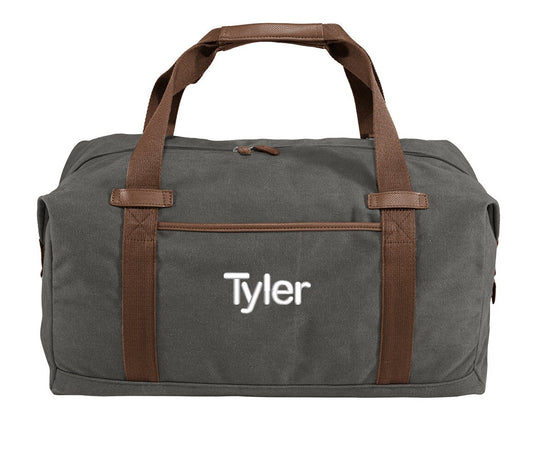 Personalized Retro Duffel Bag, Grey Gym Bag, Classic Weekend Bag, Groomsmen Gift, School PE, Husband Gift, Embroidered with Name or Text