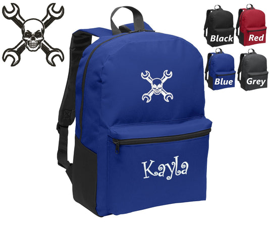 Personalized Kids Backpack Embroidered Skull and Wrenches Mechanic Monogrammed with Name of Your Choice Perfect Kids School Gift