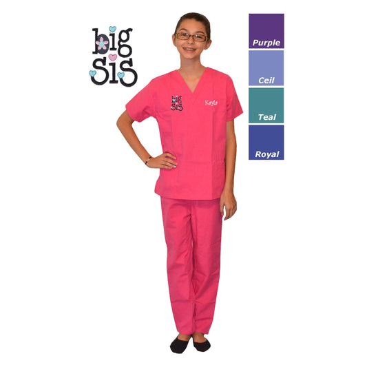 Personalized Kids Pink Big Sister Scrubs with Big Sis Embroidery Design, New Sister Gift, New Mom Gift, Shower Gift