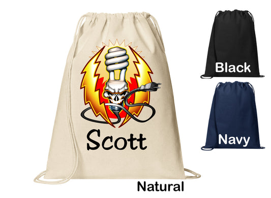 Personalized Electrician Skull Bulb Bolts Cinch Pack, Drawstring Gym School Pool Backpack, Printed Monogrammed Custom Name, Perfect Gift