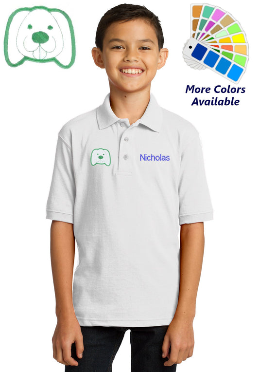 Personalized Kids Polo Shirt Embroidered Puppy Dog Monogrammed with a Name or Text of Your Choice
