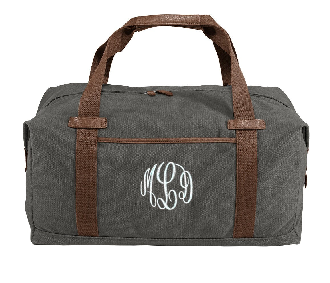 Monogrammed Grey Duffel Bag, Gym Bag, Weekend Bag, Groomsmen Gift, School PE, Husband Gift, Embroidered with Name or Text of Your Choice