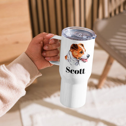 Custom Jack Russell Terrier Dog Travel Mug Tumbler with Handle, Stainless Steel BPA-free Cup, 25 Ounce Mug, Dad Mom Dog Lover Gift