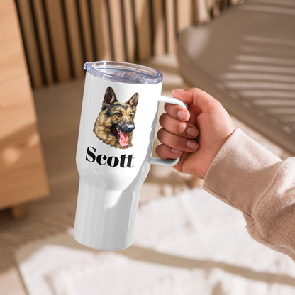 Custom German Shepherd Dog Travel Mug Tumbler with Handle, Stainless Steel BPA-free plastic Cup, 25 Ounce Mug, Dad Mom Dog Lover Gift