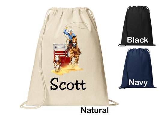 Personalized Cowboy Roping Cow Rodeo Cinch Pack, Drawstring Gym School Pool Backpack, Printed Monogrammed Custom Name, Perfect Gift