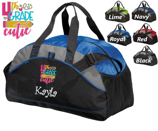 Personalized Kids Fourth Grade Duffel Bag Cutie, Duffle Gym, School PE Student Gift Contrast Piping and Stitching Embroidered with Name