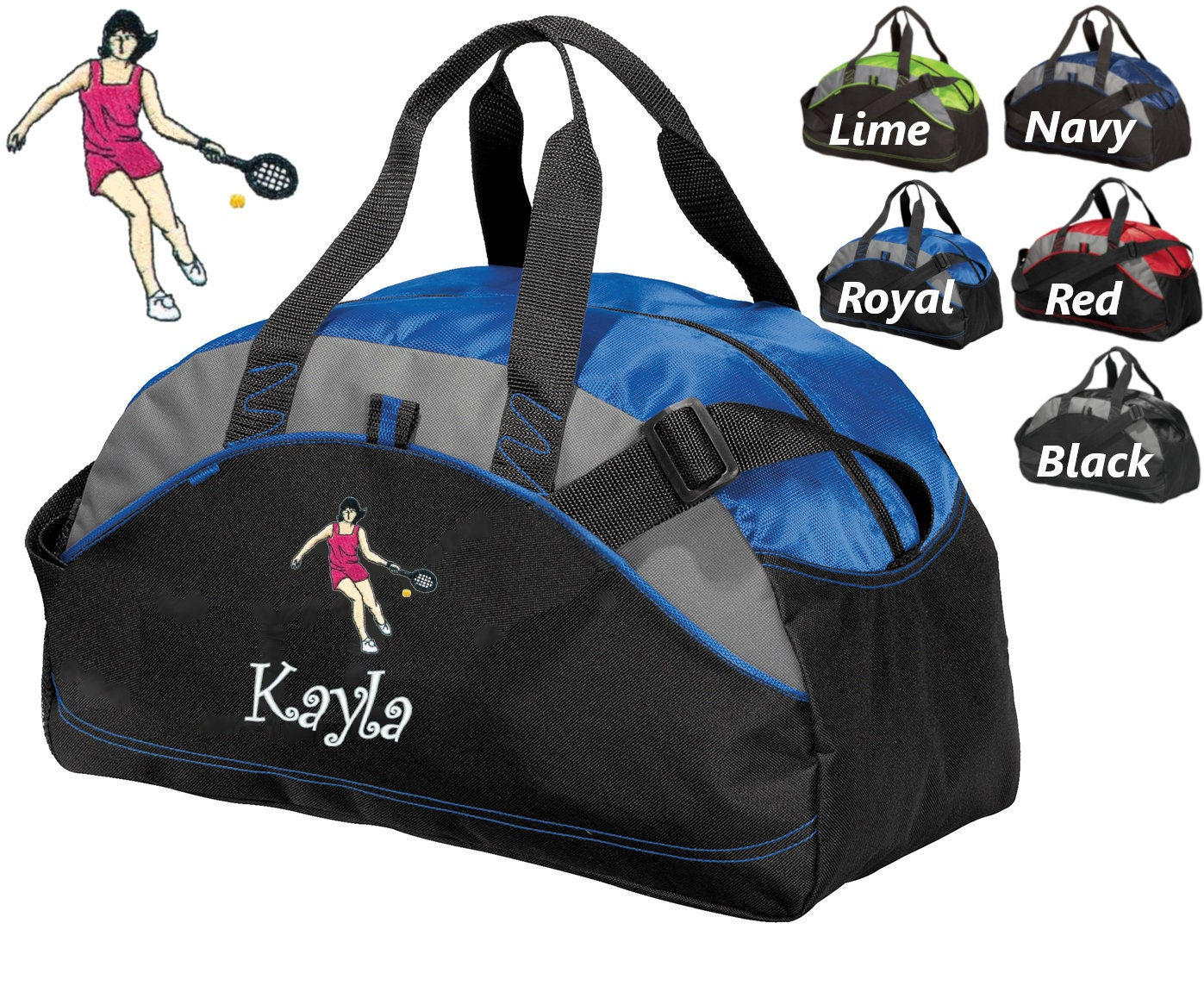 Personalized Kids Tennis Player Duffel Bag Gym Bag School PE Contrast Piping and Stitching Embroidered with Name or Text of Your Choice