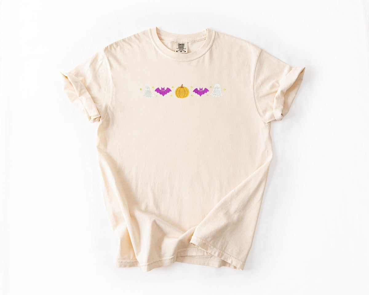 Embroidered Halloween T shirt, Icons Design, Comfort Colors, Retro Style with Name, Fall shirt, Monogrammed, Women Unisex Tee