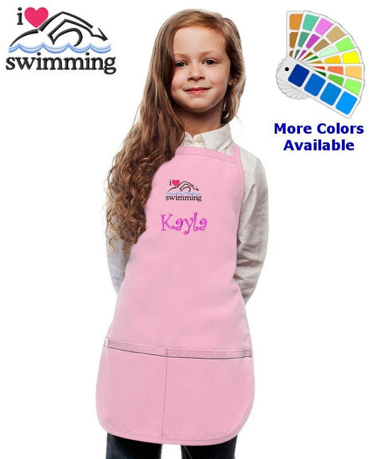 Personalized Kids Apron with I Love Swimming Embroidery Design, Cooking Kitchen Gift, School Gift, Sports Gift, Monogrammed, Cooking Party
