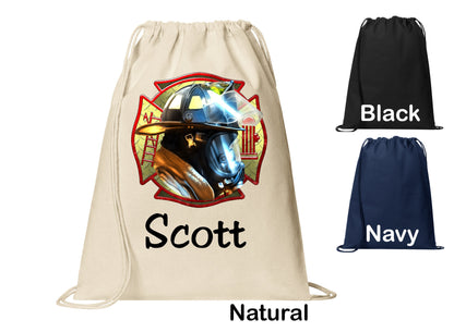 Personalized Firefighter Maltese Cross Mask Cinch Pack, Drawstring Gym School Pool Backpack, Printed Monogrammed Custom Name, Perfect Gift