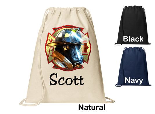 Personalized Firefighter Maltese Cross Mask Cinch Pack, Drawstring Gym School Pool Backpack, Printed Monogrammed Custom Name, Perfect Gift