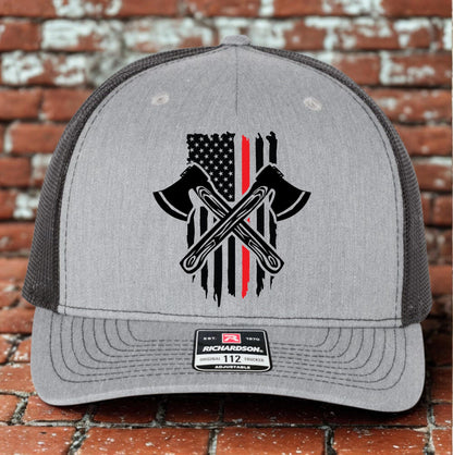 Firefighter Trucker Hat, Cool Crossed Axe Red Line Hat Design, Richardson 112, Fireman Dad Gift Husband Gift, Station Gift, Printed Hat
