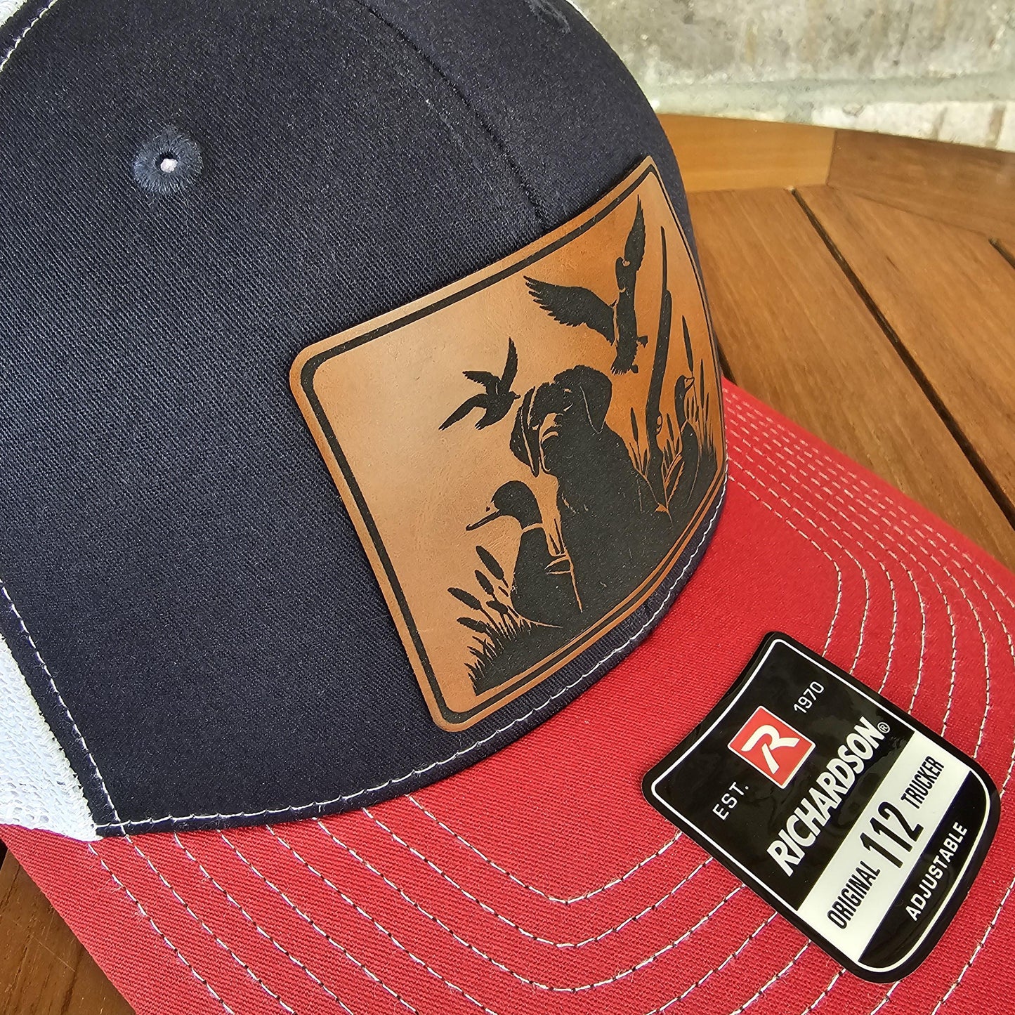 Duck Hunter Leather Patch Trucker Hat, Richardson 112, Bird Dog Hunter Hat, Dad Gift Husband Gift, Sportsman Gift, Laser Engraved