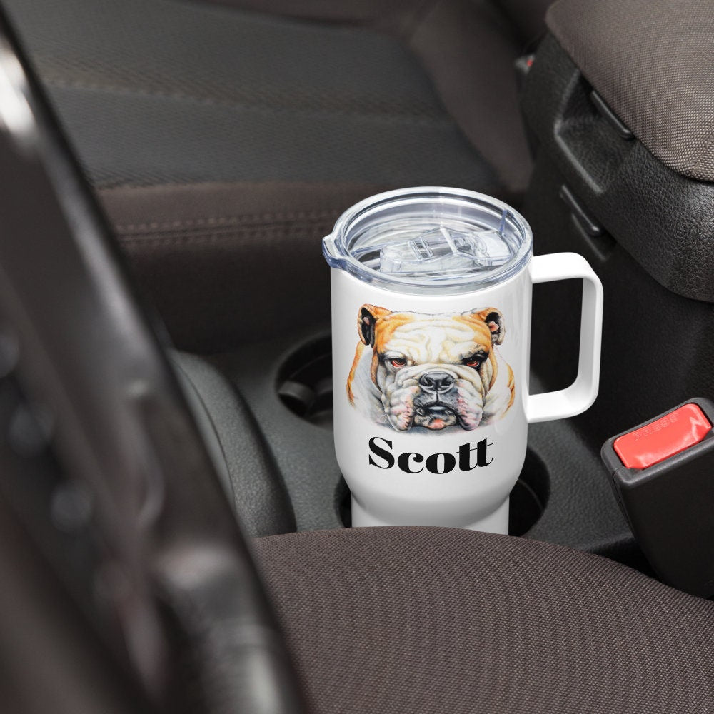 Custom Bulldog Dog Travel Mug Tumbler with Handle, Stainless Steel BPA-free plastic Cup, 25 Ounce Mug, Dad Mom Dog Lover Gift