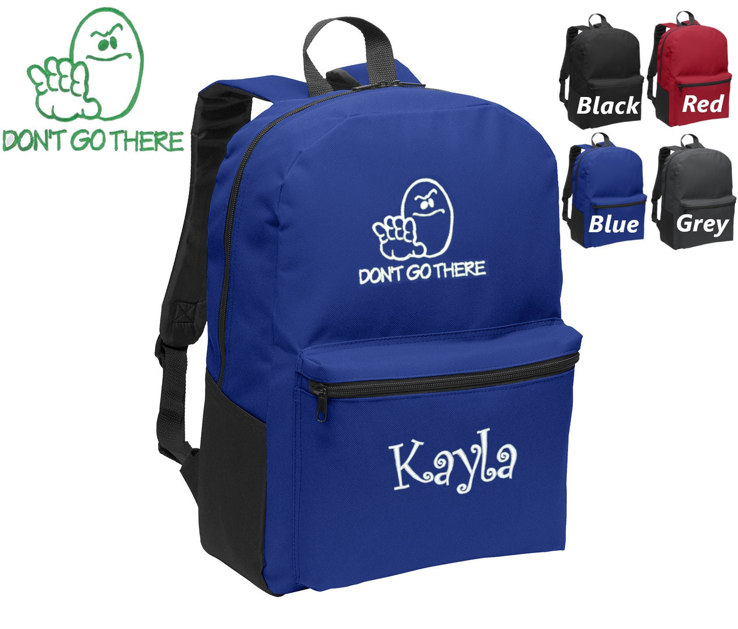 Personalized Kids Backpack Embroidered Don't Go There Funny Emoji Monogrammed with Name of Your Choice Perfect Kids School Gift