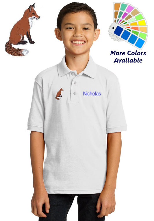 Personalized Kids Polo Shirt Embroidered Fox Monogrammed with a Name or Text of Your Choice