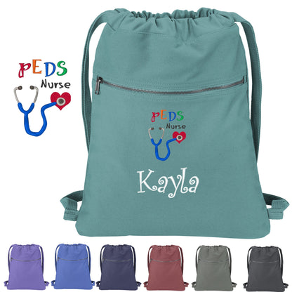 Personalized Peds Nurse Cinch Pack Gift, Embroidered Colorful Pediatrics Design, Drawstring Doctor, Pool Backpack, Monogrammed Custom Name