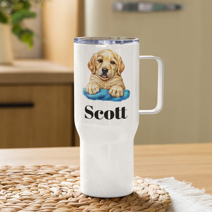 Custom Golden Retriever Puppy Dog Travel Mug Tumbler with Handle, Stainless Steel BPA-free Cup, 25 Ounce Mug, Dad Mom Dog Lover Gift