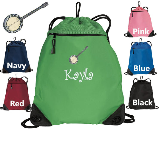 Personalized Kids Cinch Pack Banjo Design, Music Gift, Gym School PE, Pool Backpack, Monogrammed Custom Name, Perfect Kids Band Gift