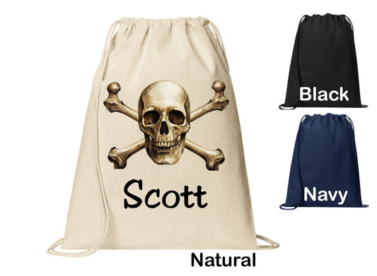 Personalized Goth Skull Cross Bones Design Cinch Pack, Drawstring Gym School Pool Backpack, Printed Monogrammed Custom Name, Perfect Gift
