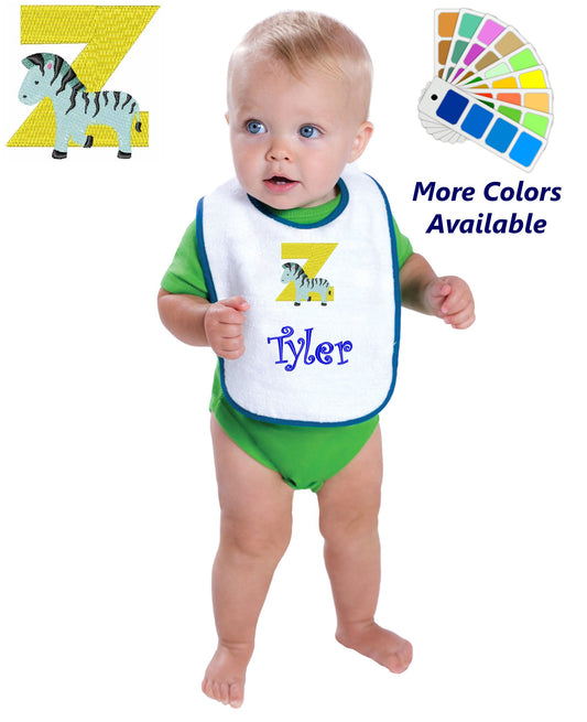 Personalized Baby Bib, White Cotton Terry with Contrast Trim, Letter Z, Alphabet, Zebra Design, for Boy or Girl, Embroidered Name