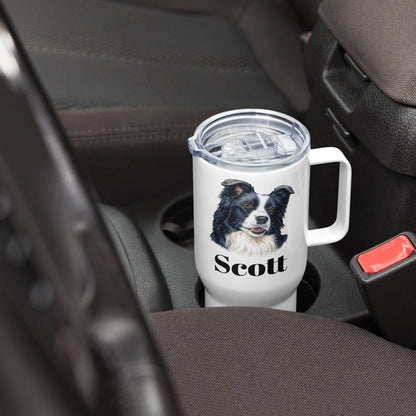 Custom Border Collie Dog Travel Mug Tumbler with Handle, Stainless Steel BPA-free plastic Cup, 25 Ounce Mug, Dad Dog Lover Gift
