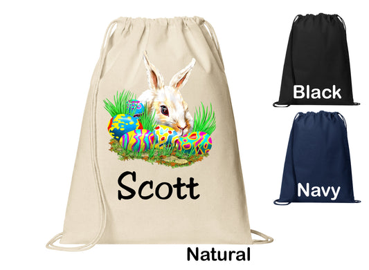 Personalized Easter Bunny Eggs Holiday Cinch Pack, Drawstring Gym School Pool Backpack, Printed Monogrammed Custom Name, Perfect Gift