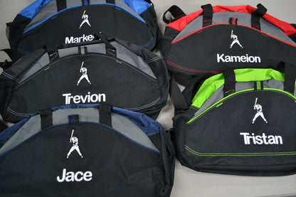 Personalized Kids Duffel Bag, Baseball Player Design, Gym Bag, School Sports, Contrast Stitching, Embroidered Name, Baseball Gift