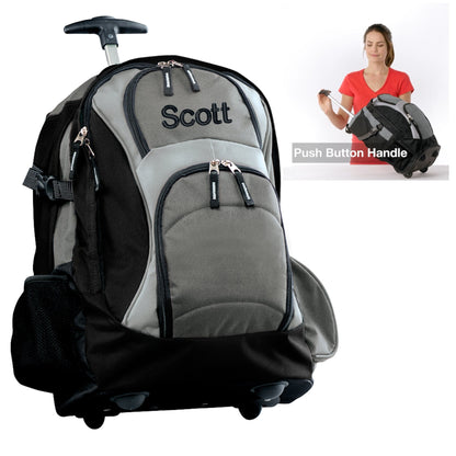 Personalized Rolling Backpack, Inline Skate Wheels, Embroidered Monogrammed Name, Side Pockets, College Student Gift, Large Backpack Handle