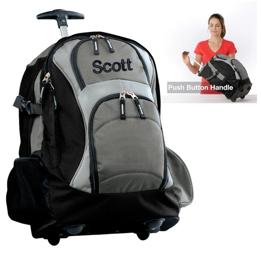 Personalized Rolling Backpack, Inline Skate Wheels, Embroidered Monogrammed Name, Side Pockets, College Student Gift, Large Backpack Handle