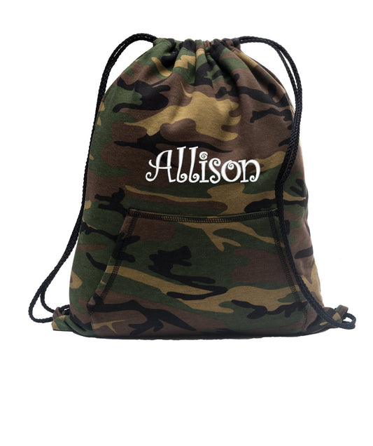 Personalized Camouflage Cinch Pack, Sweatshirt Fleece, Drawstring Gym School PE Backpack, Embroidered Monogrammed Custom Name, School Gift
