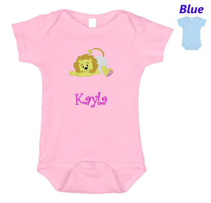 Personalized Baby Onesie Pink Blue Embroidered Baby Lion Newborn One Piece Body Suit Baby Shower Gift Monogrammed with Your Baby's Name