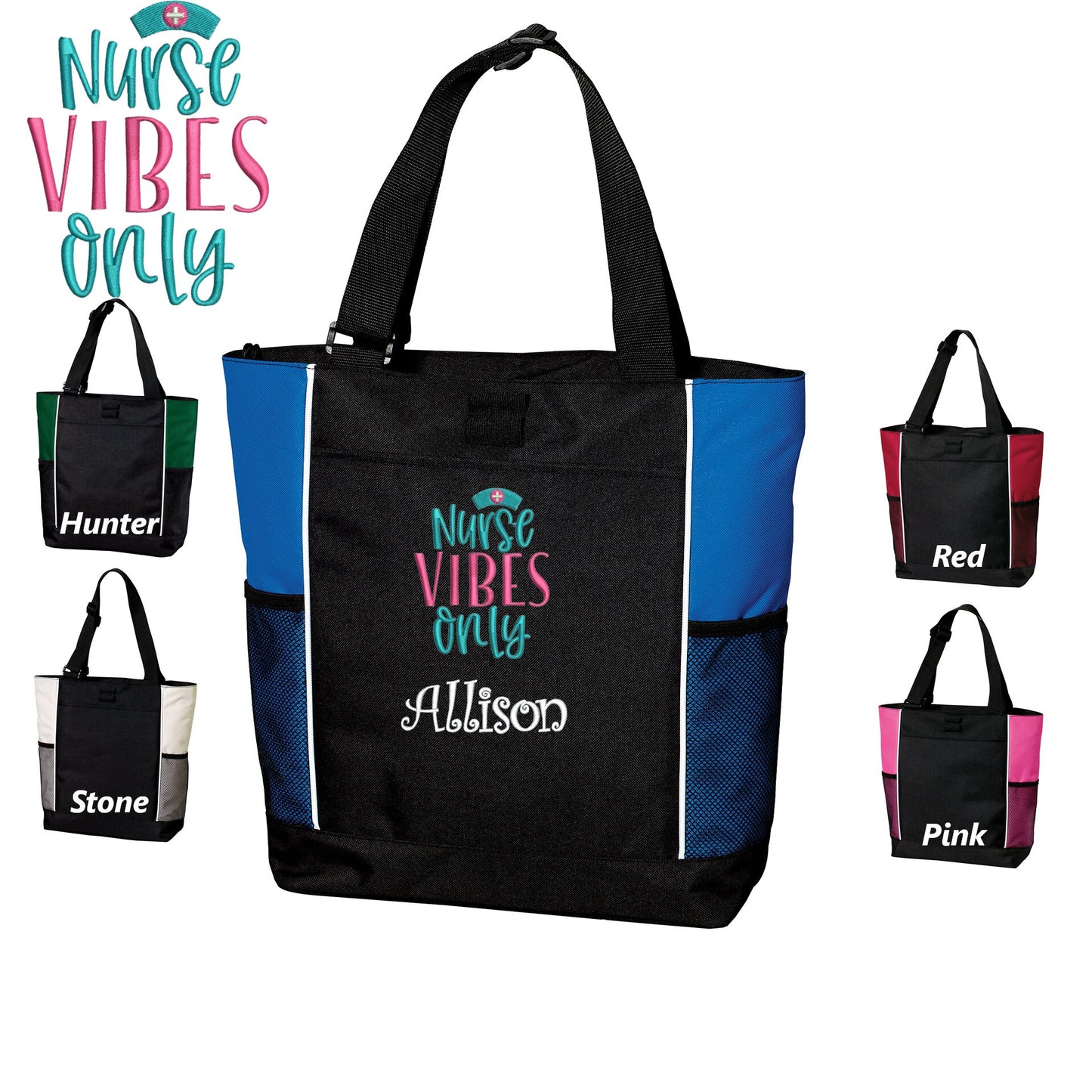 Personalized Canvas Nurse Tote Bag, Nurse Vibes Design, Custom Tote, Tote with Zipper, Embroidered Custom Name, Funny Nurse Gift