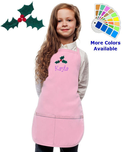 Personalized Kids Apron with Holly Christmas Embroidery Design, Child Xmas Gift, Holiday Apron