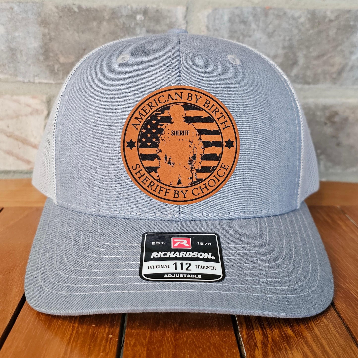 Sheriff Leather Patch Trucker Hat, Richardson 112, Police LEO Gift, American Hat, Deputy Gift, Husband Gift, Laser Engraved