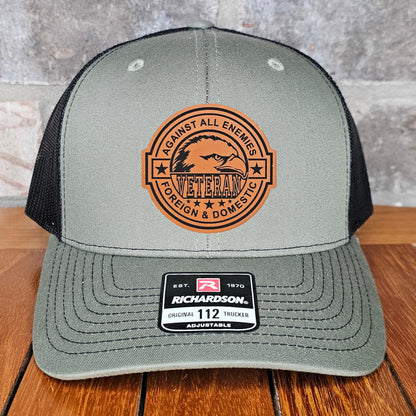 Veteran Leather Patch Trucker Hat, Against All Enemies Eagle, Richardson 112, US Army Hat, Military Gift, Dad Gift, Army Cap, Laser Engraved