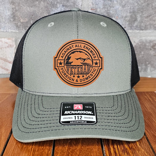 Veteran Leather Patch Trucker Hat, Against All Enemies Eagle, Richardson 112, US Army Hat, Military Gift, Dad Gift, Army Cap, Laser Engraved