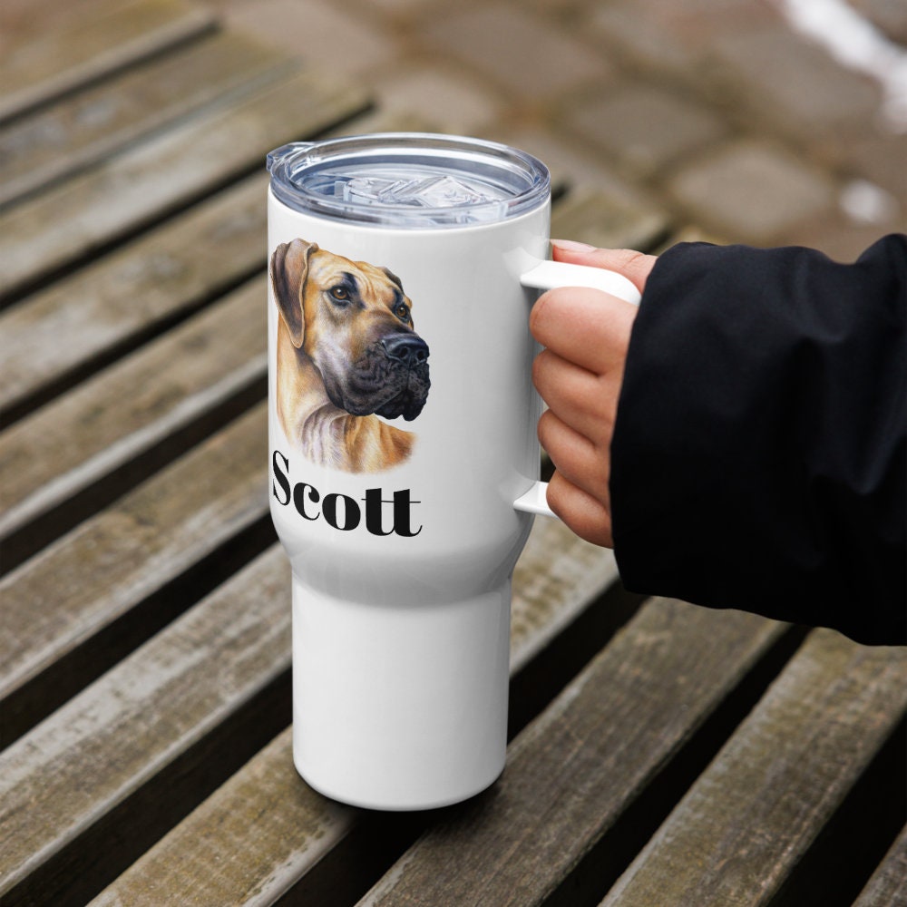 Custom Great Dane Dog Travel Mug Tumbler with Handle, Stainless Steel BPA-free Cup, 25 Ounce Mug, Dad Mom Dog Lover Gift