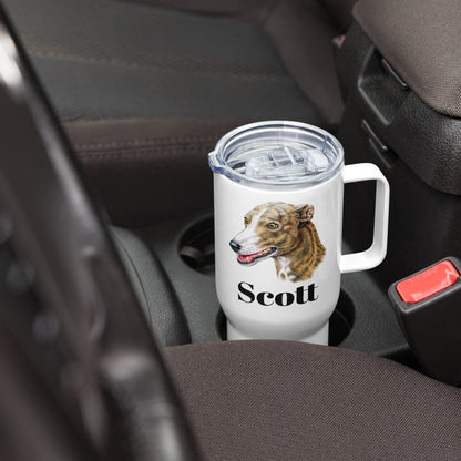 Custom Greyhound Dog Travel Mug Tumbler with Handle, Stainless Steel BPA-free Cup, 25 Ounce Mug, Dad Mom Dog Lover Gift