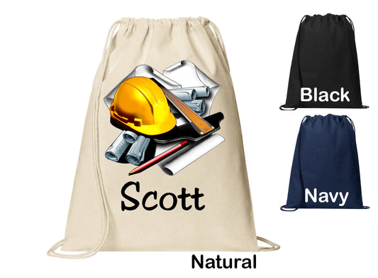 Personalized Engineer Construction Architect Cinch Pack, Drawstring Gym School Pool Backpack, Printed Monogrammed Custom Name, Perfect Gift