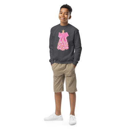 Kids Pink Christmas Tree Bow Sweatshirt, Christmas Sweatshirt for Children, Christmas Tree shirt, Christmas Coquette Christmas Shirt