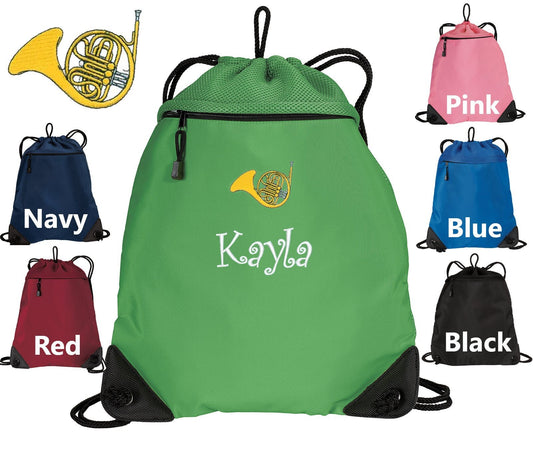 Personalized Kids Cinch Pack Embroidered French Horn Design, Drawstring Gym School PE Pool Backpack, Monogrammed Custom Name, Kids Band Gift