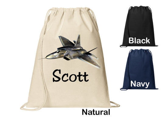 Personalized F22 Fighter Jet Plane Cinch Pack, Drawstring Gym School Pool Backpack, Printed Monogrammed Custom Name, Perfect Gift