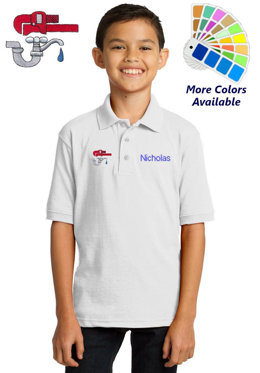 Personalized Kids Polo Shirt Embroidered Plumber Pipe Wrench Monogrammed with a Name or Text of Your Choice