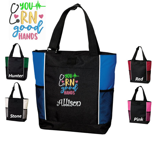 Personalized Canvas Nurse Tote Bag, Good Hands, Custom Tote, Tote with Zipper, Embroidered Custom Name, Funny Nurse Gift