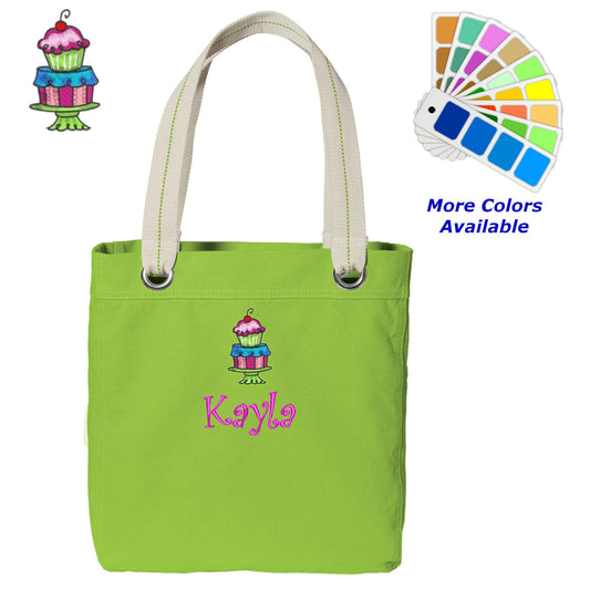 Personalized Canvas Tote Bag Cupcake Dessert Design Contrast Lined with Metal Grommets Embroidered with Name or Text of Your Choice