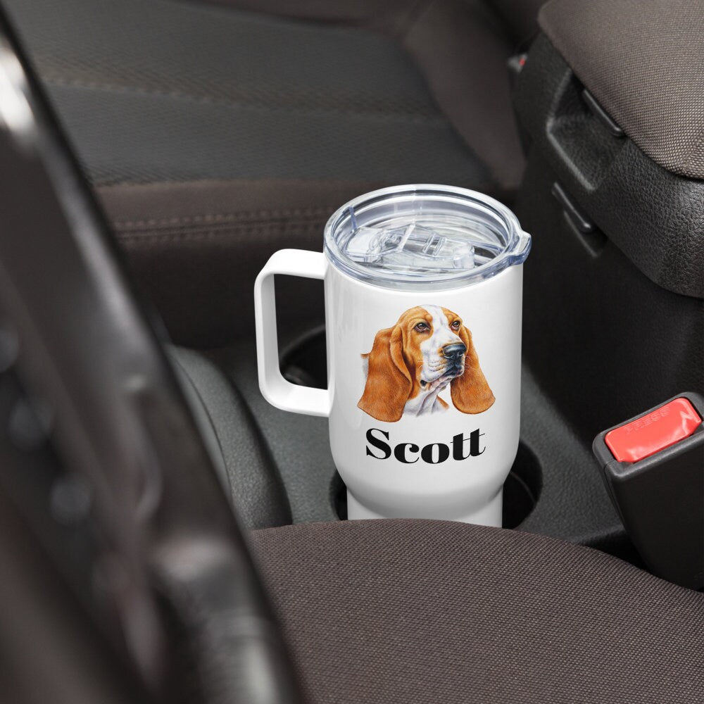 Custom Basset Hound Dog Travel Mug Tumbler with Handle, Stainless Steel BPA-free plastic Cup, 25 Ounce Mug, Dad Dog Lover Gift