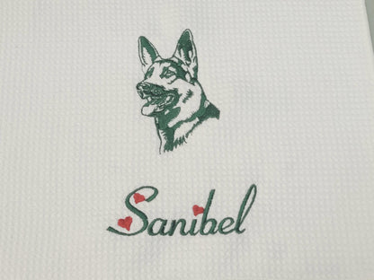 Personalized Dog Towel, German Shepherd, Hand Towel, Grooming Towel, Waffle Microfiber, Embroidered Your Pets Name, Monogrammed Dog Gift
