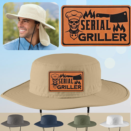 Dad Grill Patch Bucket Hat, Serial Griller BBQ Hat Design, Wide Brim Hat, Dad Gift Husband Gift, Sportsman Gift, Laser Engraved