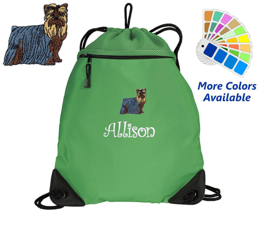 Personalized Cinch Pack, Drawstring Gym School PE, Pool Backpack, Embroidered Yorkshire Terrier Dog, Monogrammed Custom Name, Perfect Gift